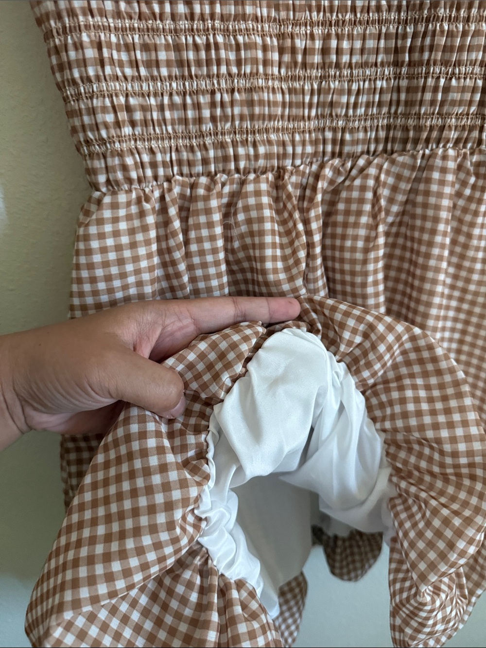 GrandStreet Studios : Gingham Smocked Mini Dress in Brown - Picture 4 of 6